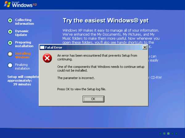 При установке windows xp ошибка в данных crc